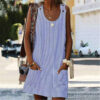 Summer Fashion Striped Patchwork Commuting U-Neck Sleeveless Pockets Back Button Casual Straight Slimming Mini Dress For Women - Image 2