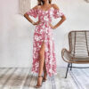 Ins Off-Shoulder Split Dress Summer Floral Print Suspender Long Dresses With Belt Design Women's Beach Clothing - Image 6