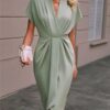 Summer Batwing Sleeve Dress Fashion V-neck Short Sleeve Pleated Dresses Womens Clothing - Image 5