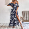 Ins Off-Shoulder Split Dress Summer Floral Print Suspender Long Dresses With Belt Design Women's Beach Clothing - Image 8