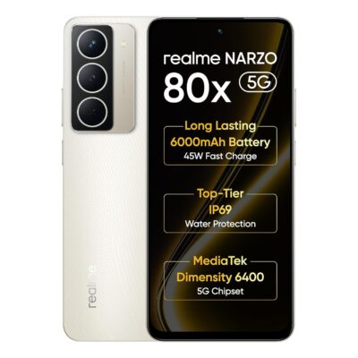 realme NARZO 80x 5G (Sunlit Gold,6GB+128GB) | Dimensity 6400 5G Chipset | 6000mAh Long-Lasting Battery | 45W Fast Charge | 120Hz Eye Comfort Display | IP69 Top-Tier Waterproof  Brand	realme Operating System	Android 15 RAM Memory Installed Size	6 GB Memory Storage Capacity	128 GB Screen Size	16.94 Centimetres