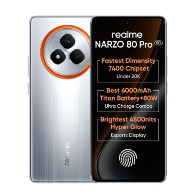 realme NARZO 80 Pro 5G (Speed Silver,8GB+128GB) | Segment's 1st MediaTek Dimensity 7400 Chipset | 6000mAh Titan Battery + 80W Ultra Charge | 4500nits HyperGlow Esports Display | IP69 Waterproof  Brand	realme Operating System	Android 15 CPU Model	Others Memory Storage Capacity	128 GB Screen Size	17.2 Centimetres