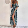 Ins Off-Shoulder Split Dress Summer Floral Print Suspender Long Dresses With Belt Design Women's Beach Clothing - Image 7
