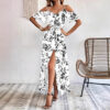 Ins Off-Shoulder Split Dress Summer Floral Print Suspender Long Dresses With Belt Design Women's Beach Clothing - Image 2