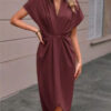 Summer Batwing Sleeve Dress Fashion V-neck Short Sleeve Pleated Dresses Womens Clothing - Image 2