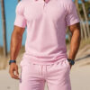 Men's Casual Beach Mesh Lapel Set Summer Comfortable Breathable Loose Solid-Color Sports Short-Sleeved Shirt And Shorts Set - Image 4