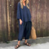 2pcs Long-sleeved Suits Loose V-neck Long Top And High Waist Wide Leg Pants With Pockets Women's Clothing - Image 6
