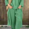 2pcs Long-sleeved Suits Loose V-neck Long Top And High Waist Wide Leg Pants With Pockets Women's Clothing - Image 2