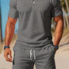 Men's Casual Beach Mesh Lapel Set Summer Comfortable Breathable Loose Solid-Color Sports Short-Sleeved Shirt And Shorts Set - Image 2