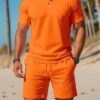 Men's Casual Beach Mesh Lapel Set Summer Comfortable Breathable Loose Solid-Color Sports Short-Sleeved Shirt And Shorts Set - Image 10