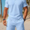 Men's Casual Beach Mesh Lapel Set Summer Comfortable Breathable Loose Solid-Color Sports Short-Sleeved Shirt And Shorts Set - Image 9