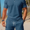 Men's Casual Beach Mesh Lapel Set Summer Comfortable Breathable Loose Solid-Color Sports Short-Sleeved Shirt And Shorts Set - Image 6