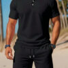 Men's Casual Beach Mesh Lapel Set Summer Comfortable Breathable Loose Solid-Color Sports Short-Sleeved Shirt And Shorts Set - Image 8
