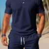Men's Casual Beach Mesh Lapel Set Summer Comfortable Breathable Loose Solid-Color Sports Short-Sleeved Shirt And Shorts Set - Image 5