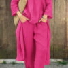2pcs Long-sleeved Suits Loose V-neck Long Top And High Waist Wide Leg Pants With Pockets Women's Clothing - Image 3