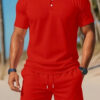 Men's Casual Beach Mesh Lapel Set Summer Comfortable Breathable Loose Solid-Color Sports Short-Sleeved Shirt And Shorts Set - Image 3