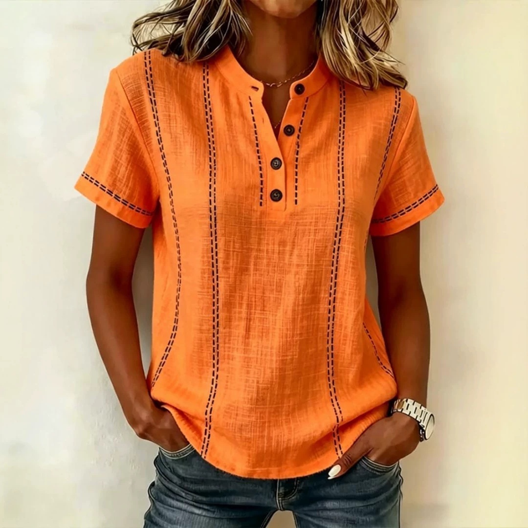 Summer Striped Short-Sleeve Shirts Casual Stand-Collar V-neck Button Blouse Womens Clothing - Image 5