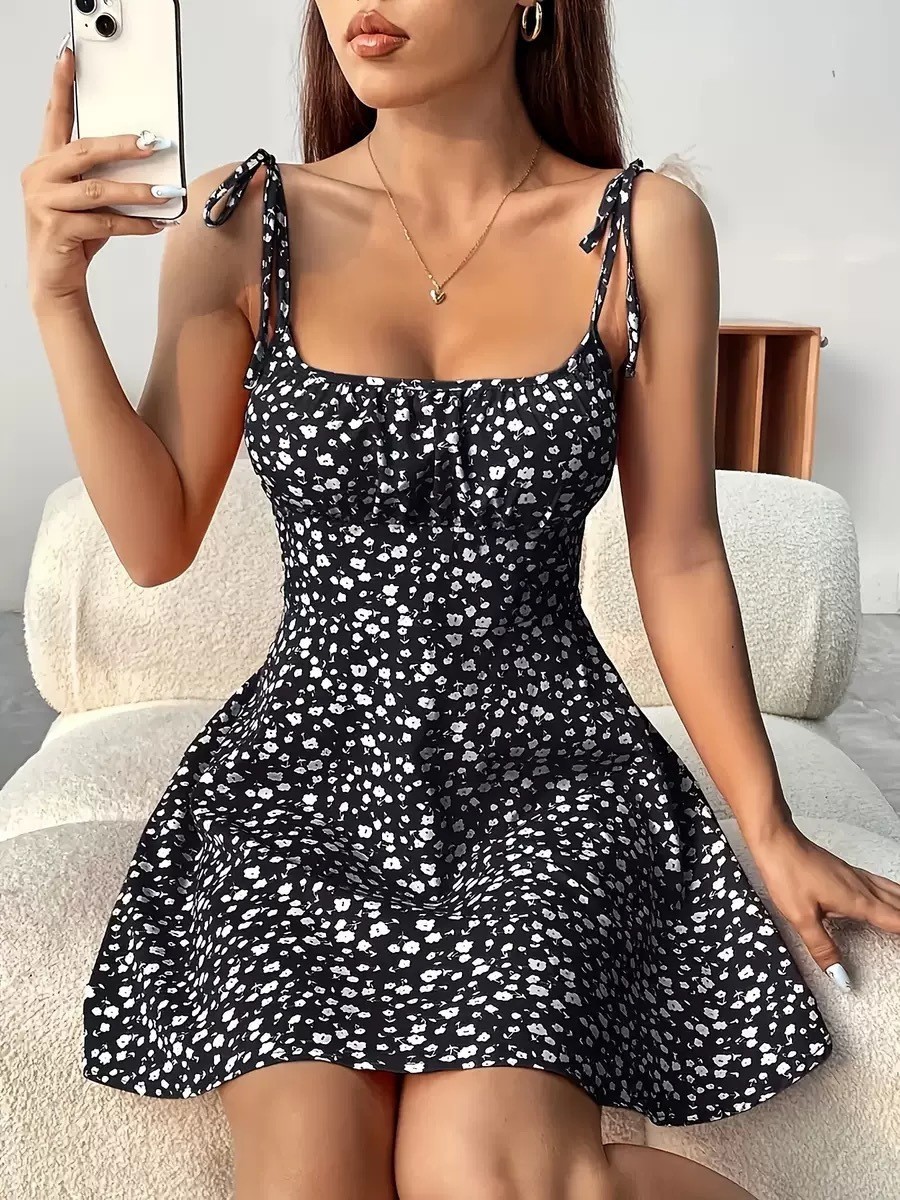 Floral Print Dress Summer Sweet A- Line Waist Trimming Dresses Women's Slimming Casual Clothing - Image 5