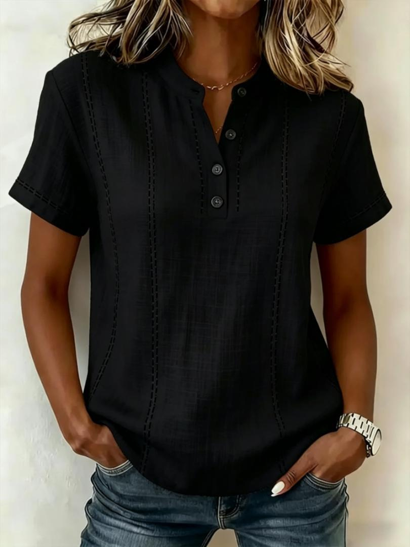 Summer Striped Short-Sleeve Shirts Casual Stand-Collar V-neck Button Blouse Womens Clothing - Image 8