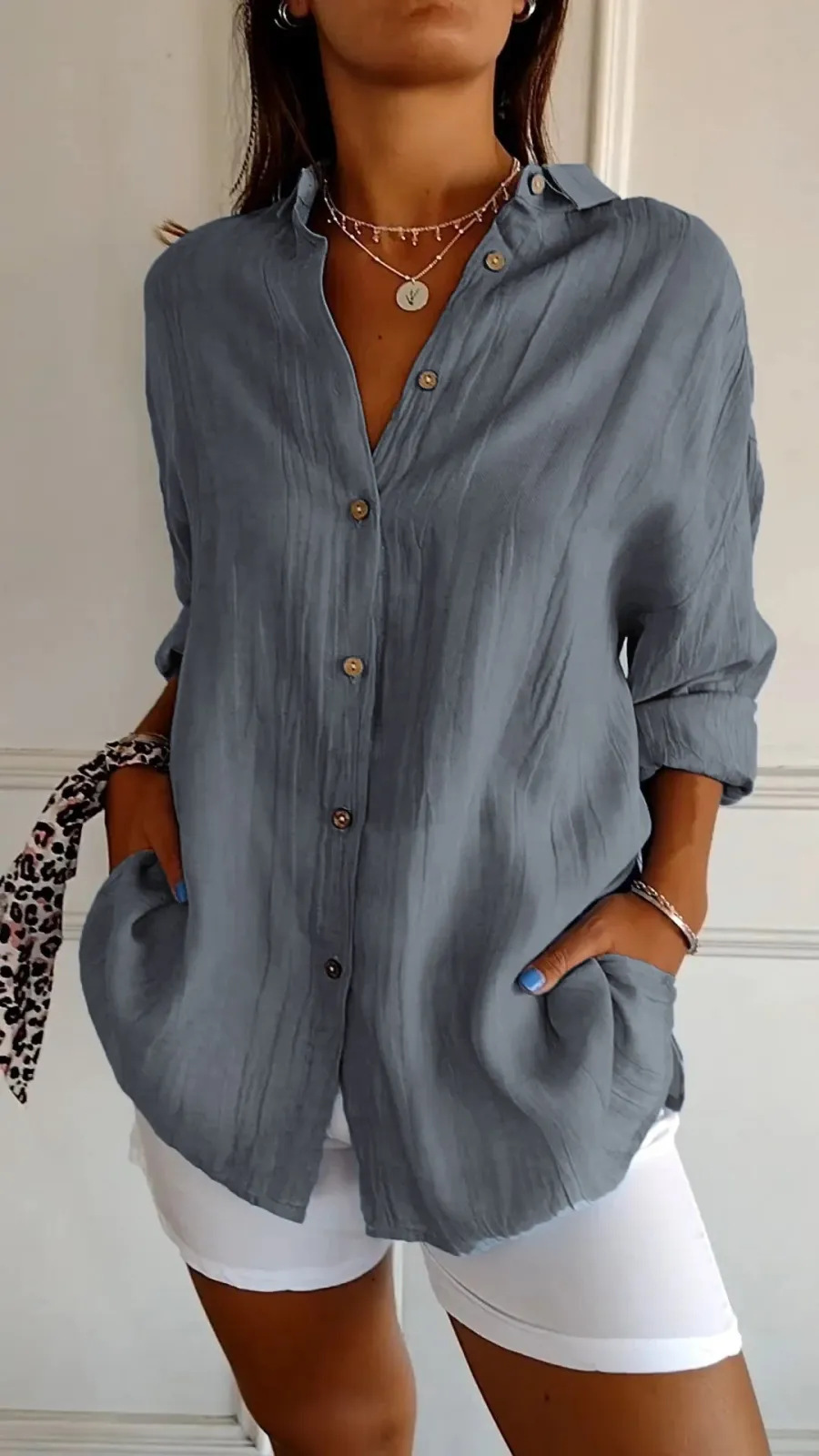 Lapel Long Sleeve Shirt Women's Single-breasted Pleated Shirt Tops Clothing - Image 8