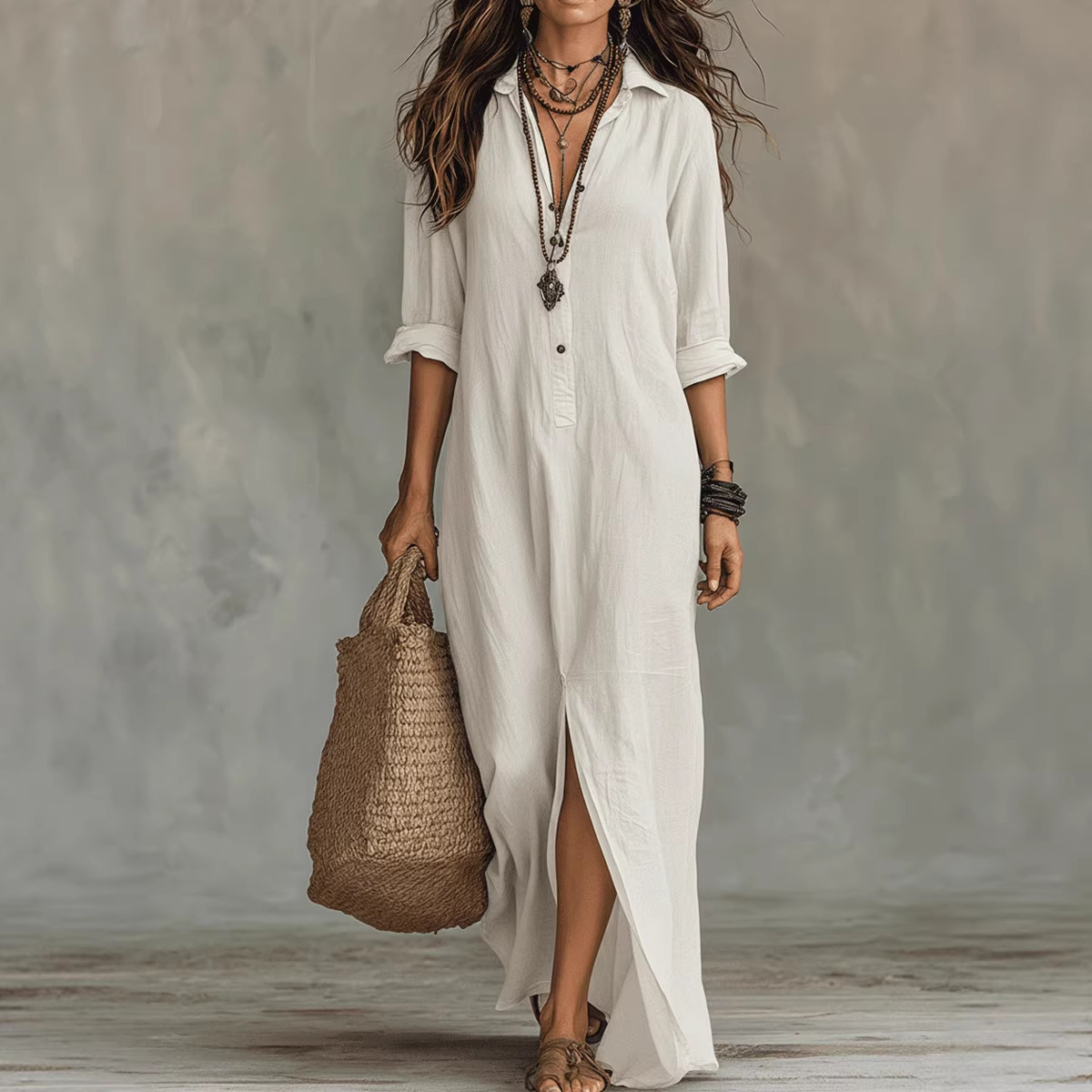 Long-sleeve Maxi Dress Casual Solid Color Lapel Collar Side Slit Beach Dresses Women's Clothing - Image 5