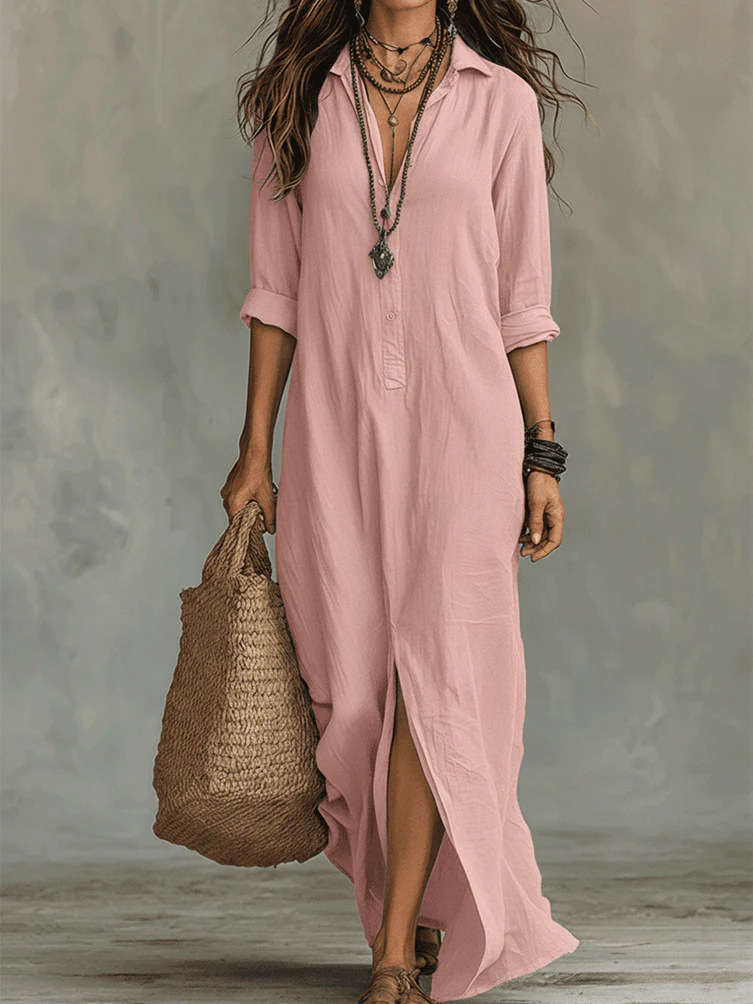Long-sleeve Maxi Dress Casual Solid Color Lapel Collar Side Slit Beach Dresses Women's Clothing - Image 3