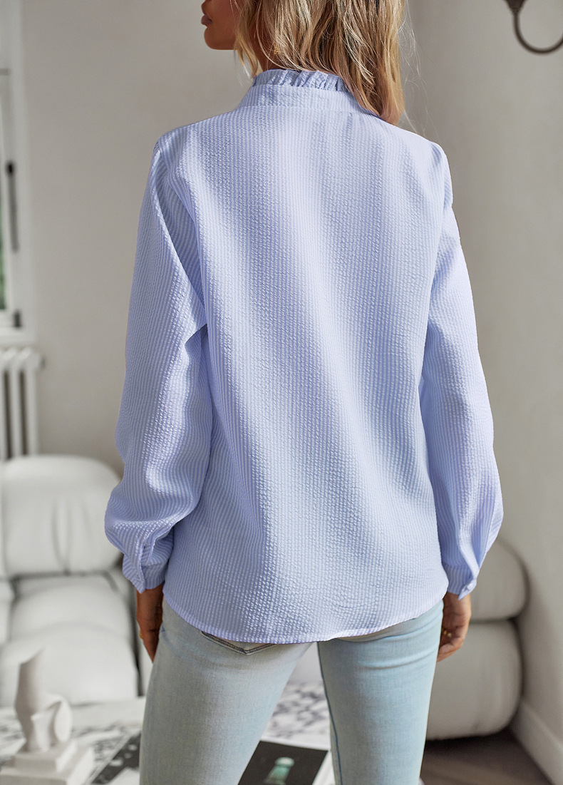 Striped Long Sleeve Shirt Fashion Ruffle Design Button Up Tops Casual Office Blouse Elegant Commuting Women's Clothing - Image 10