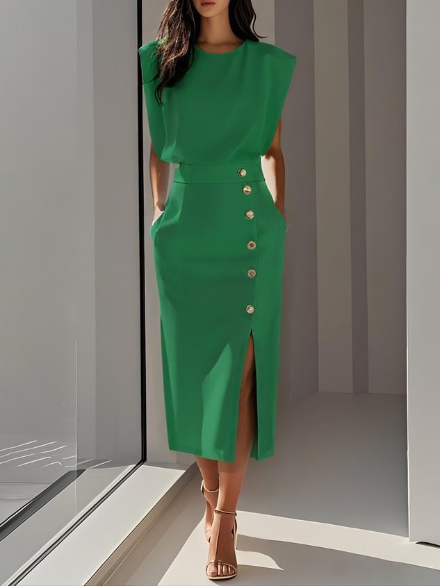 Women's Summer Split Dress With Buttons Casual Sleeveless Midi Dress Clothing - Image 9