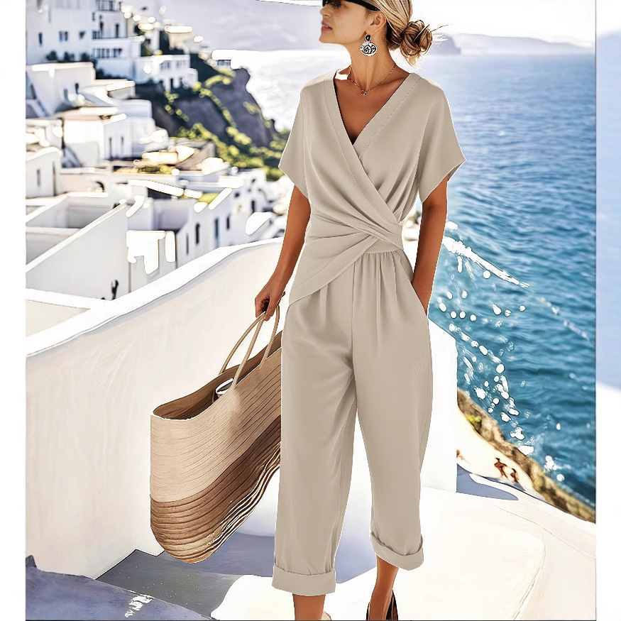 Women's Two Pieces Set Fashion Solid Color Irregular Short Sleeve Suit Summer Fashion V Neck Slim Office Suit Casual Pleated Irregular Top And Pants Female Outfit - Image 7