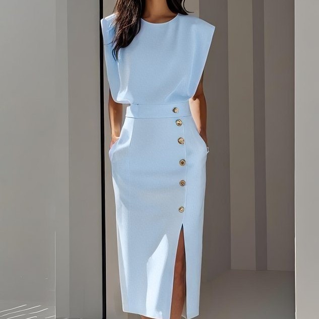 Women's Summer Split Dress With Buttons Casual Sleeveless Midi Dress Clothing - Image 10