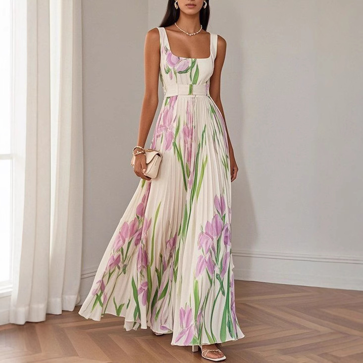 Floral Print Pleated Dress Summer A-Line Sleeveless Midi Dresses Women's Clothing - Image 9