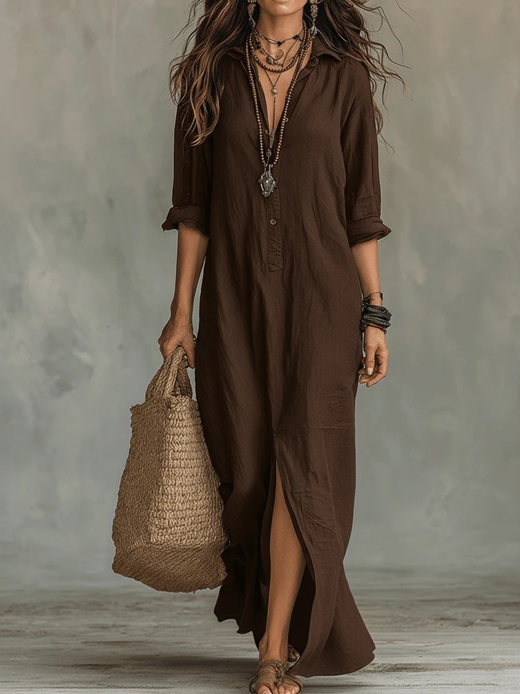 Long-sleeve Maxi Dress Casual Solid Color Lapel Collar Side Slit Beach Dresses Women's Clothing - Image 4