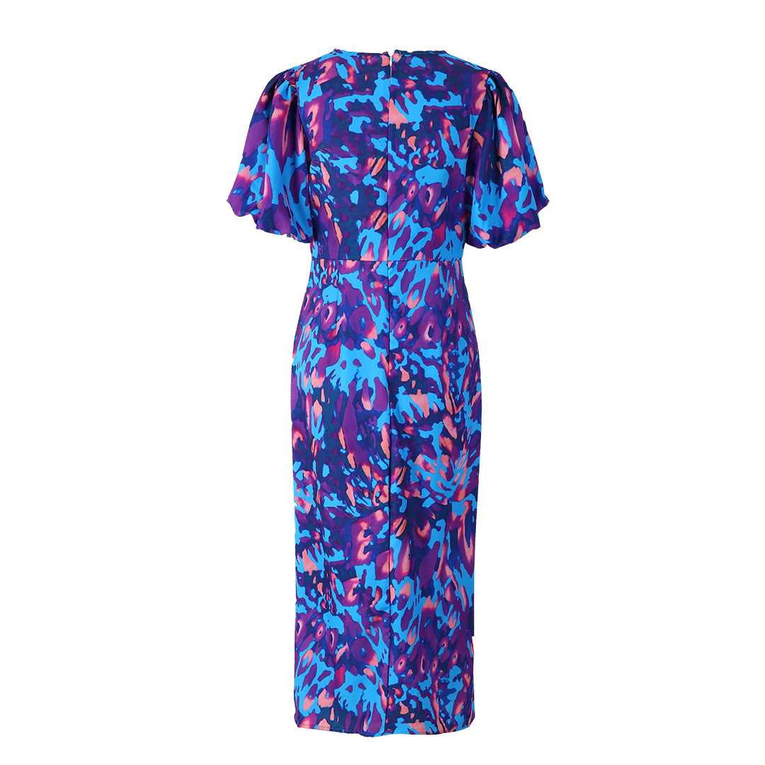 Puffed Short Sleeve Dress Summer Floral Printed V-neck Skinny Dresses - Image 4