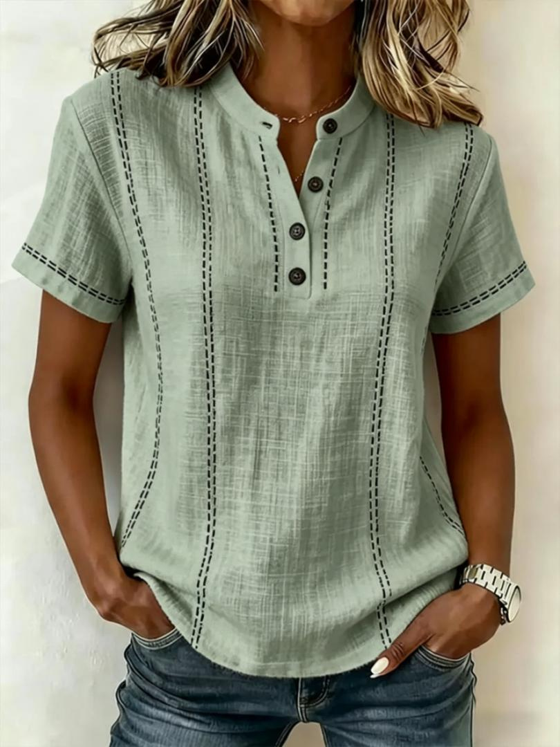 Summer Striped Short-Sleeve Shirts Casual Stand-Collar V-neck Button Blouse Womens Clothing - Image 7