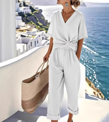 Women's Two Pieces Set Fashion Solid Color Irregular Short Sleeve Suit Summer Fashion V Neck Slim Office Suit Casual Pleated Irregular Top And Pants Female Outfit - Image 5