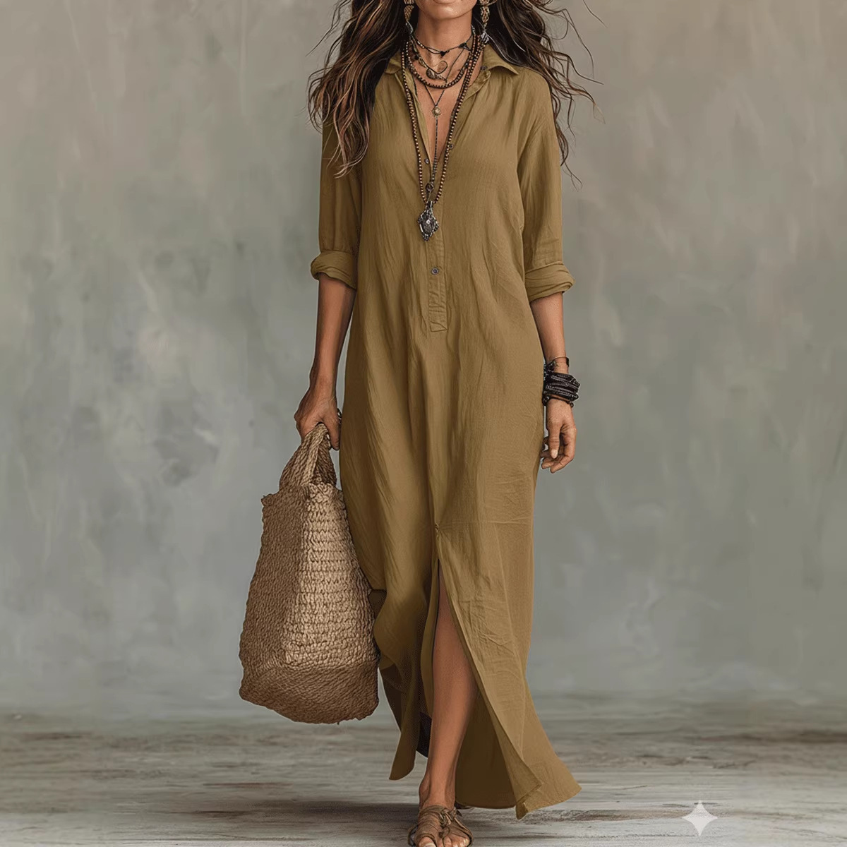 Long-sleeve Maxi Dress Casual Solid Color Lapel Collar Side Slit Beach Dresses Women's Clothing - Image 7