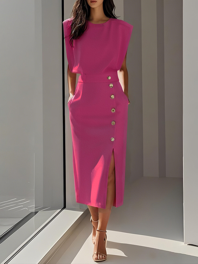 Women's Summer Split Dress With Buttons Casual Sleeveless Midi Dress Clothing - Image 6