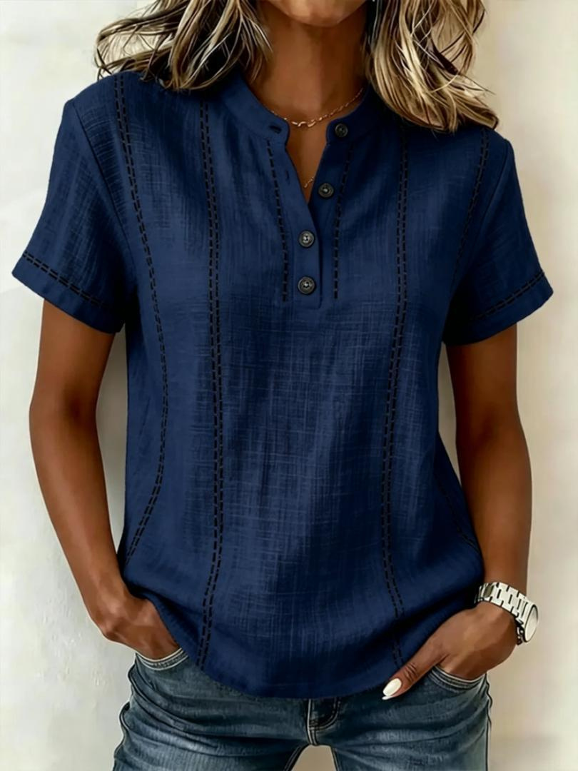 Summer Striped Short-Sleeve Shirts Casual Stand-Collar V-neck Button Blouse Womens Clothing - Image 9