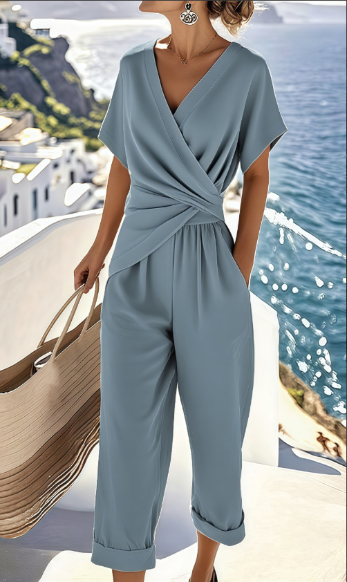 Women's Two Pieces Set Fashion Solid Color Irregular Short Sleeve Suit Summer Fashion V Neck Slim Office Suit Casual Pleated Irregular Top And Pants Female Outfit - Image 6