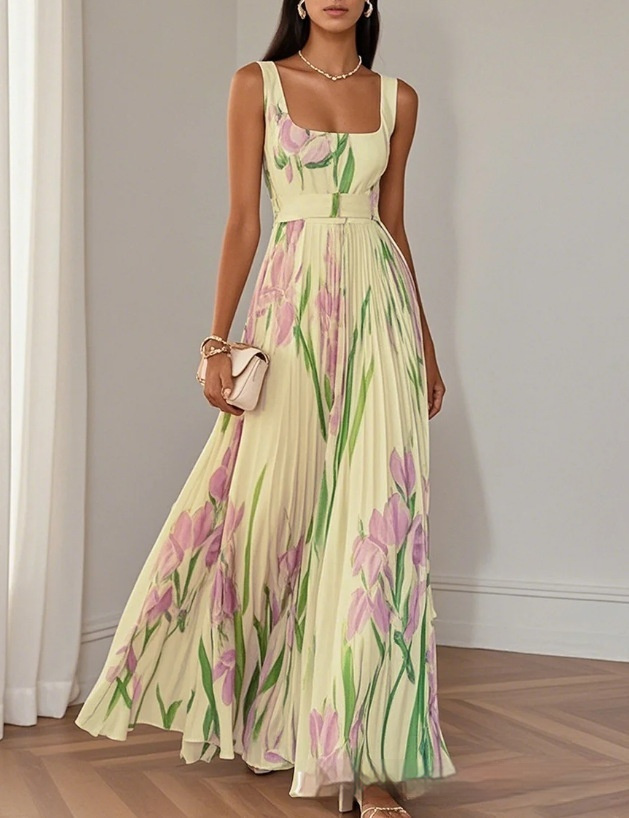Floral Print Pleated Dress Summer A-Line Sleeveless Midi Dresses Women's Clothing - Image 8