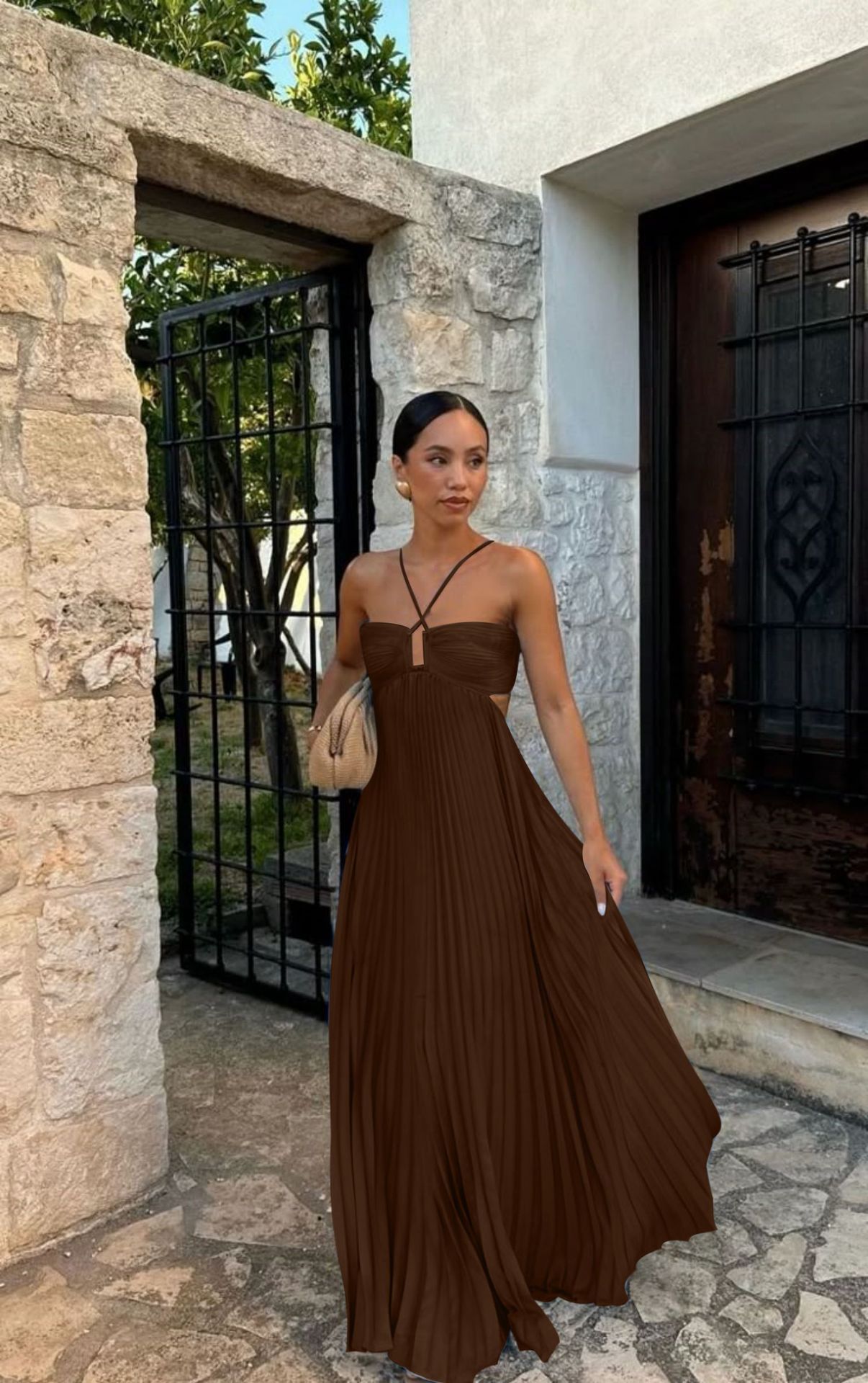 Ins Pleated Sleeveless Sling Dress Hollow High Waist Halter Robe Dresses For Evening Party Club Clothing Women - Image 5