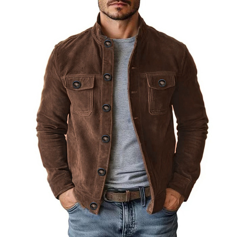Vintage Single-breasted Jacket Men's Casual Motorcycle Faux Suede Tops - Image 8