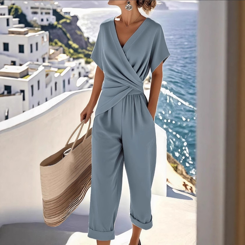 Women's Two Pieces Set Fashion Solid Color Irregular Short Sleeve Suit Summer Fashion V Neck Slim Office Suit Casual Pleated Irregular Top And Pants Female Outfit - Image 8