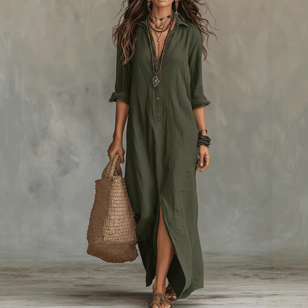 Long-sleeve Maxi Dress Casual Solid Color Lapel Collar Side Slit Beach Dresses Women's Clothing - Image 6