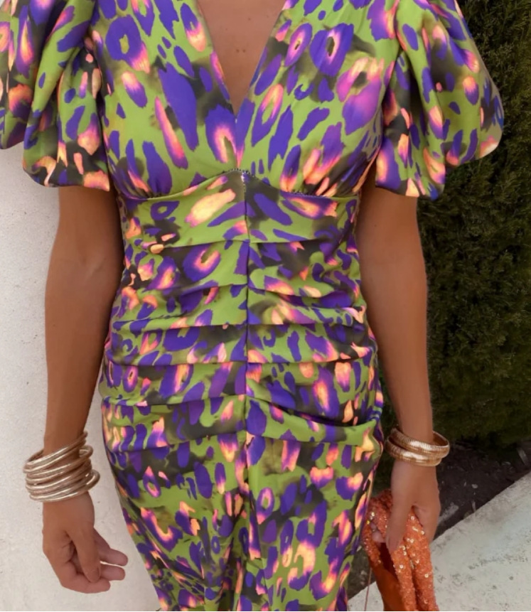 Puffed Short Sleeve Dress Summer Floral Printed V-neck Skinny Dresses - Image 5