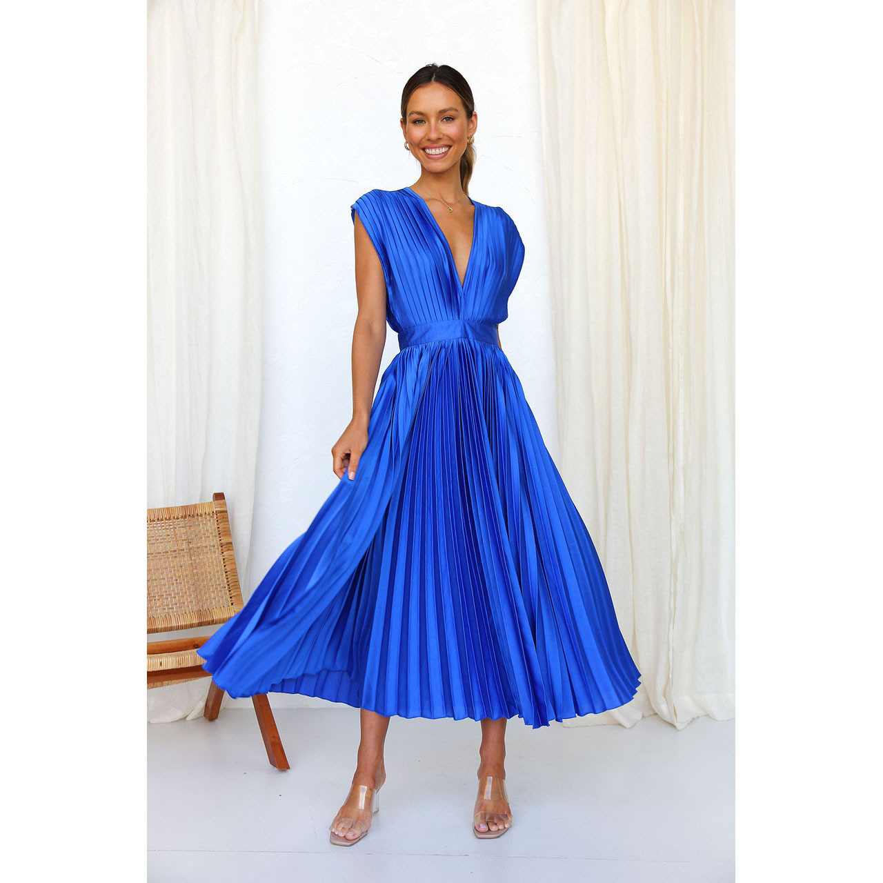 Summer V-neck Pleated Dress INS Fashion Casual Loose Zip Sleeveless Dresses For Women Clothing - Image 6