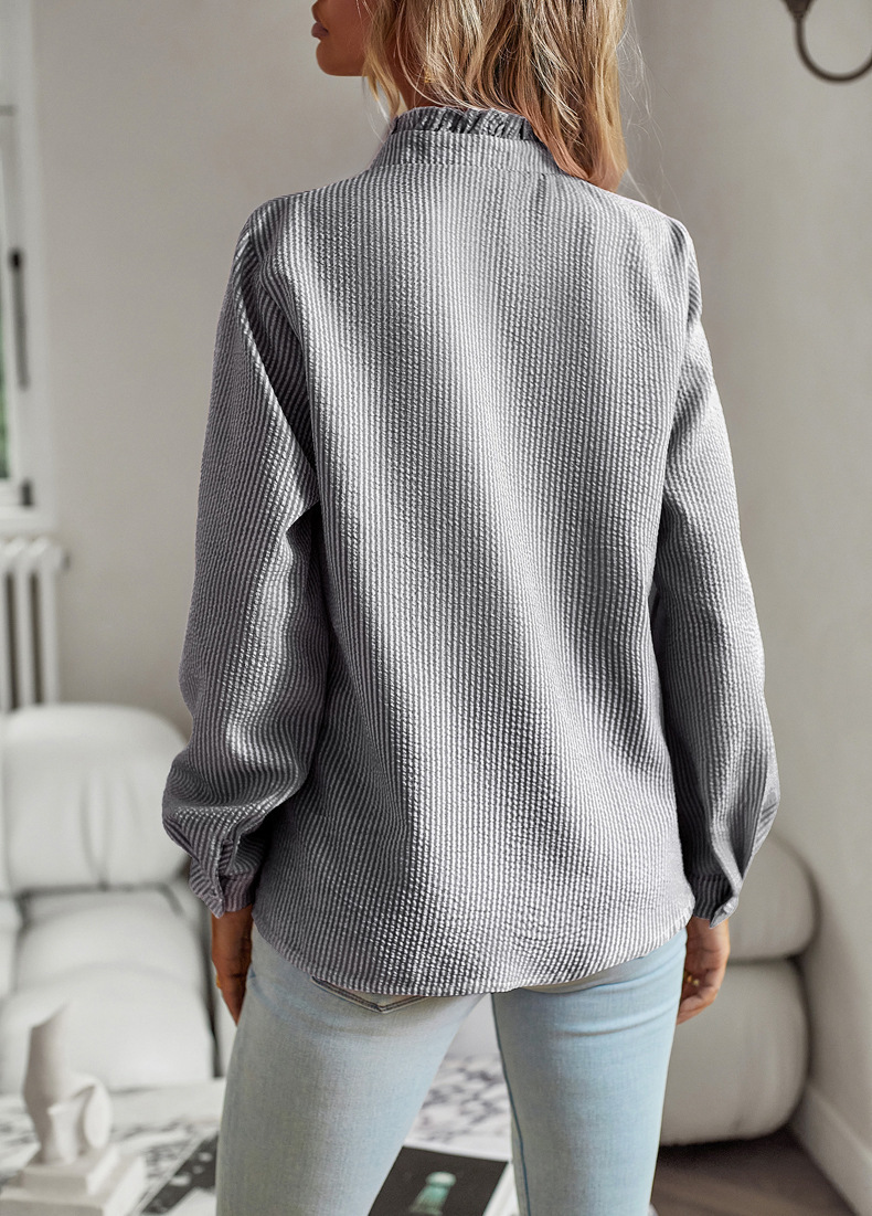 Striped Long Sleeve Shirt Fashion Ruffle Design Button Up Tops Casual Office Blouse Elegant Commuting Women's Clothing - Image 4
