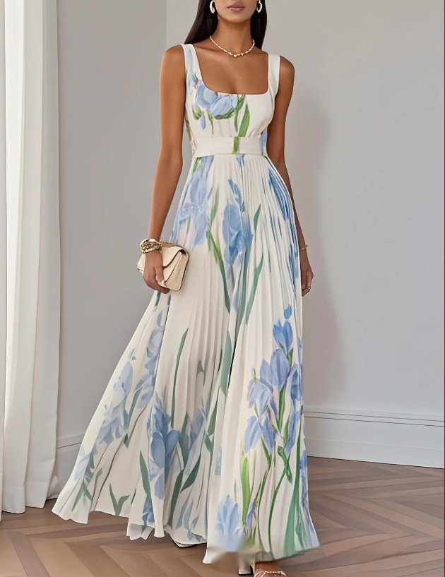 Floral Print Pleated Dress Summer A-Line Sleeveless Midi Dresses Women's Clothing - Image 7